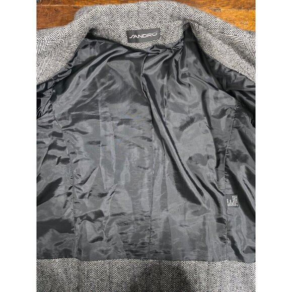 Sandro Black Herringbone Wool Zip Front Classic Blazer - Picture 9 of 12